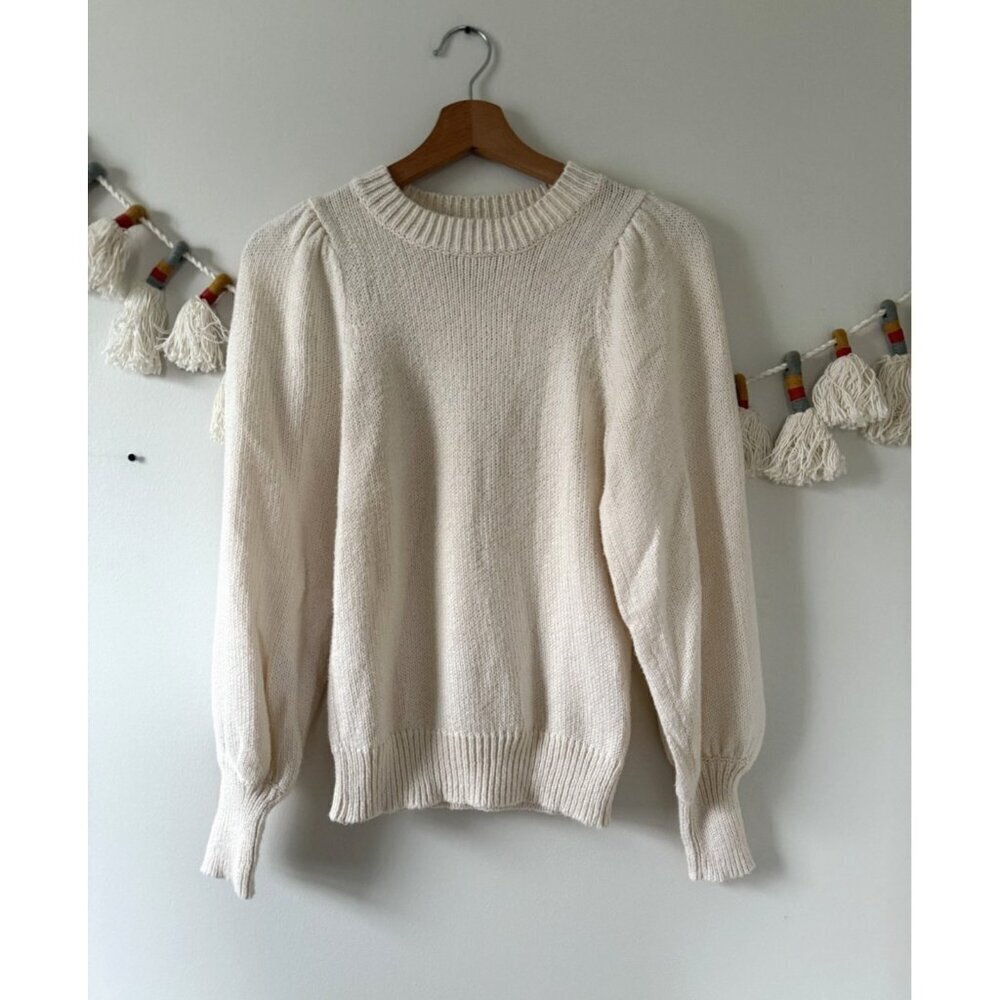 525 America Open Knit Cotton Balloon Sleeve Pullover Sweater Preppy Neutral XS